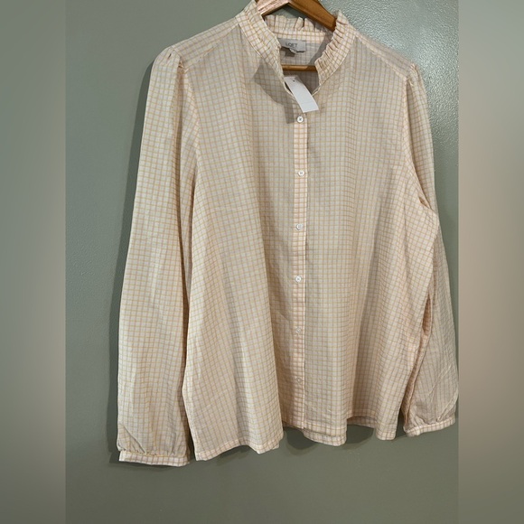 LOFT Tan and Orange Casual Button Up Shirt 100 % Textured. Cotton Plaid XL NWT - Picture 3 of 11